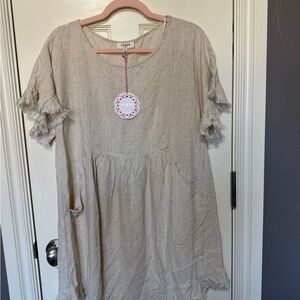 Umgee Beige Fringed Short Sleeve Dress